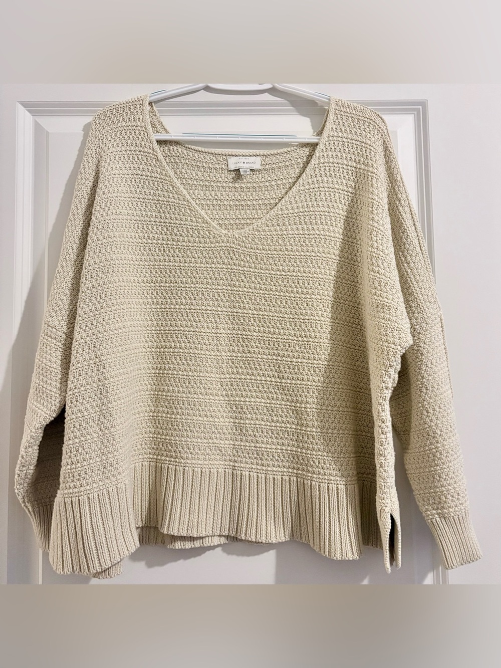 Lucky Brand Cream Tan Beige V-Neck Slouchy Textured Knit Sweater Size XL